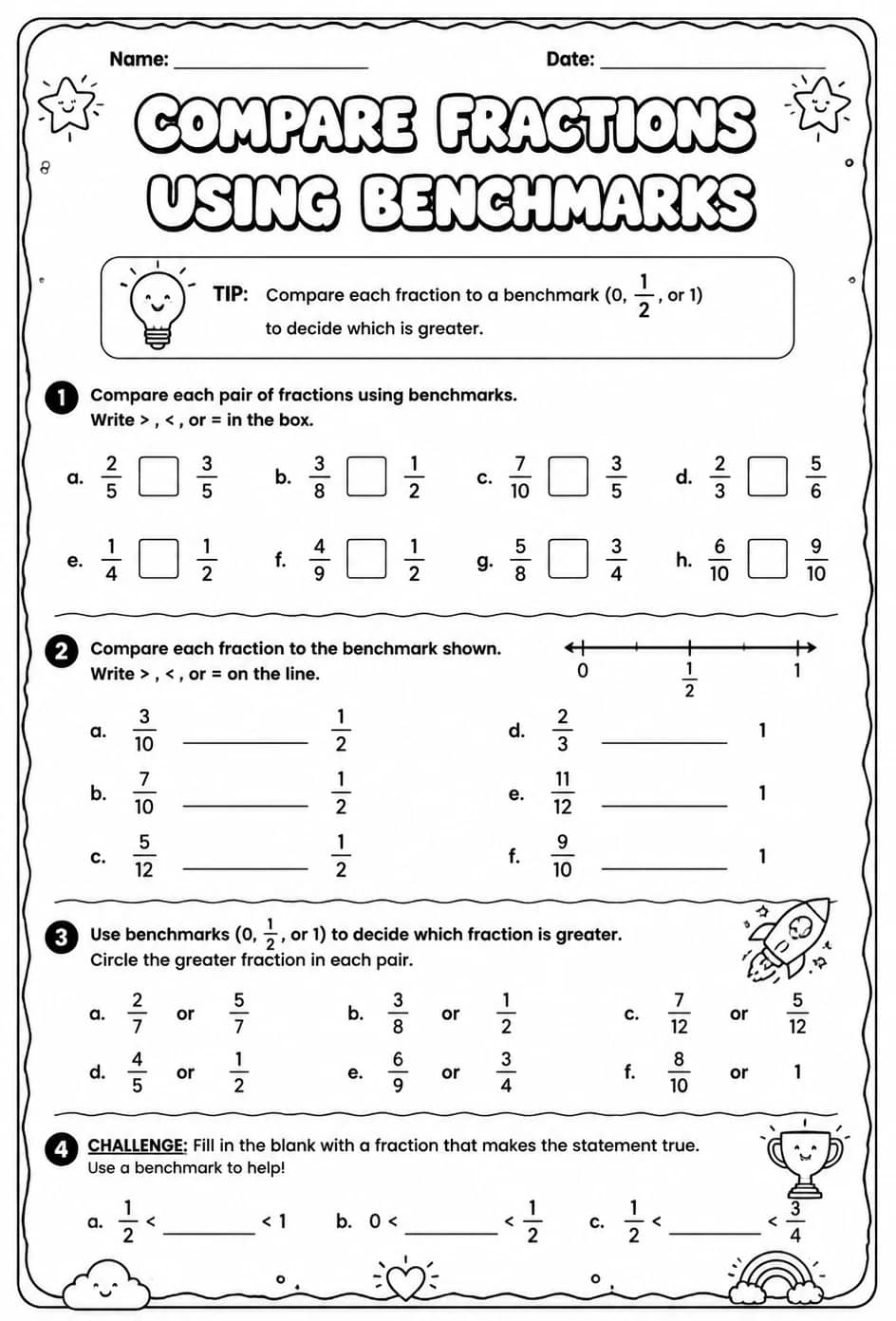 Compare fractions using benchmarks — free printable Grade 4 math worksheet