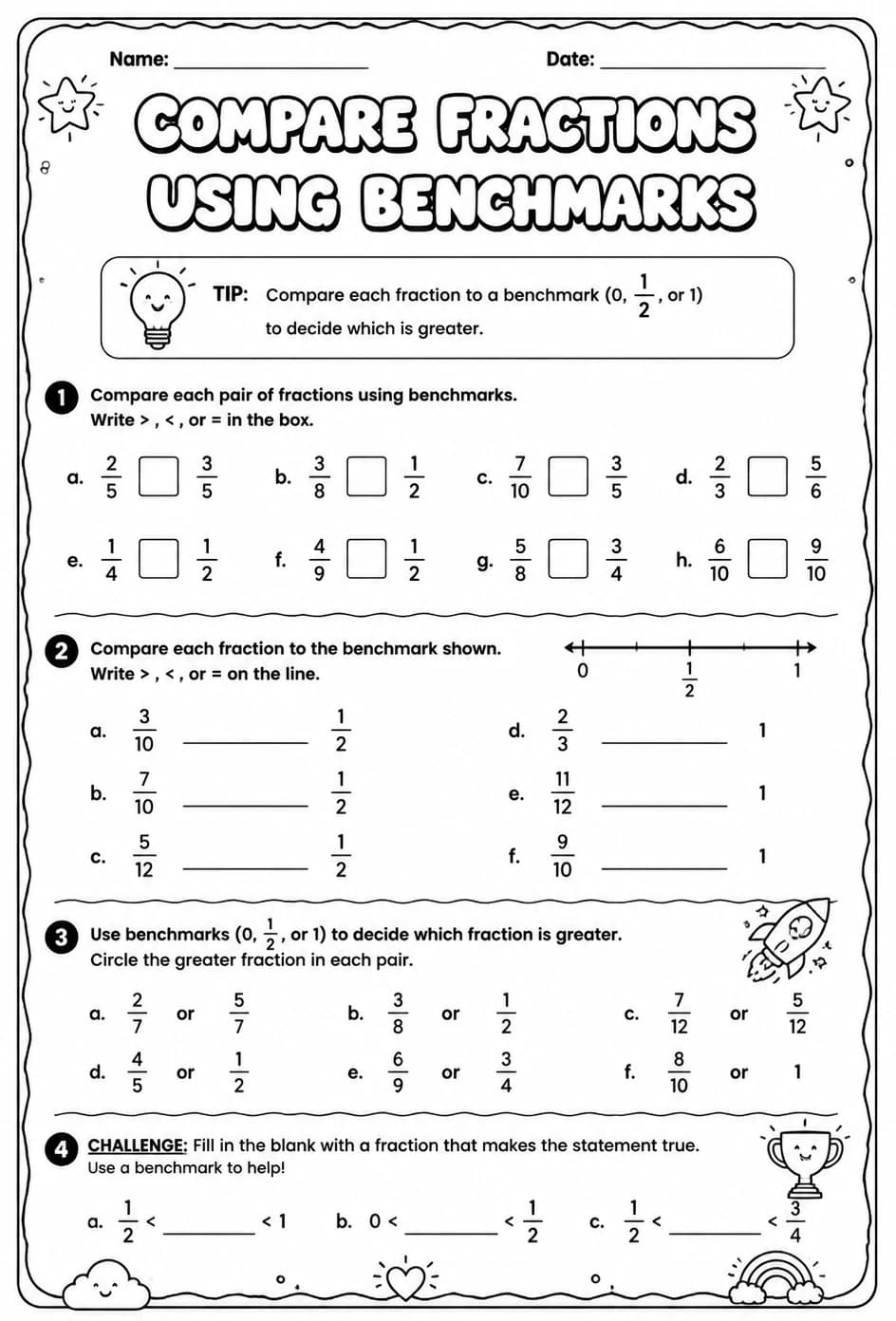 Compare fractions using benchmarks — free printable Grade 4 math worksheet