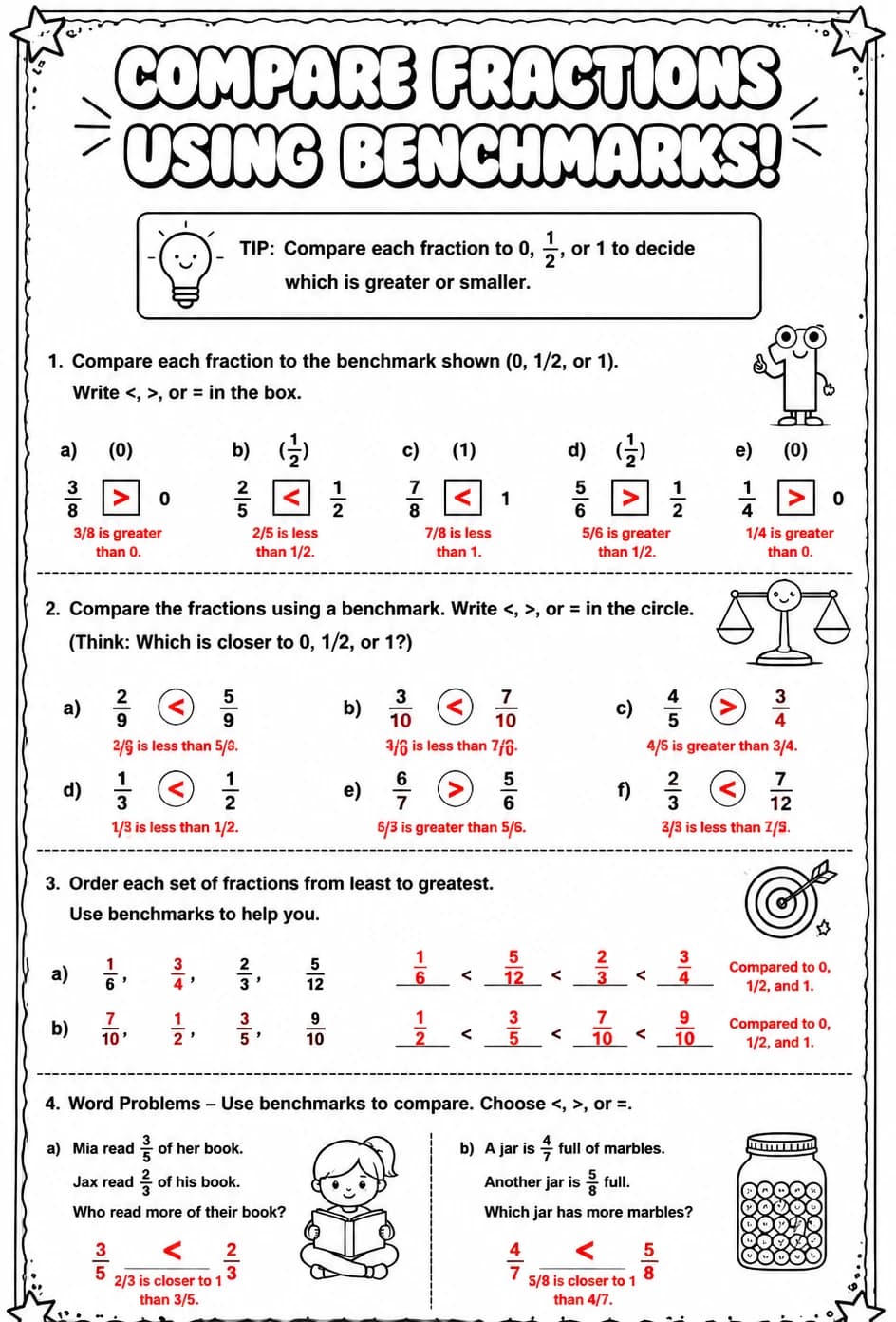 Answer key for Compare fractions using benchmarks — free printable Math worksheet