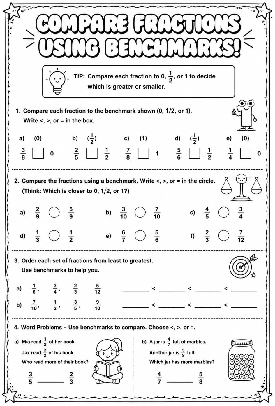 Compare fractions using benchmarks — free printable Grade 5 math worksheet