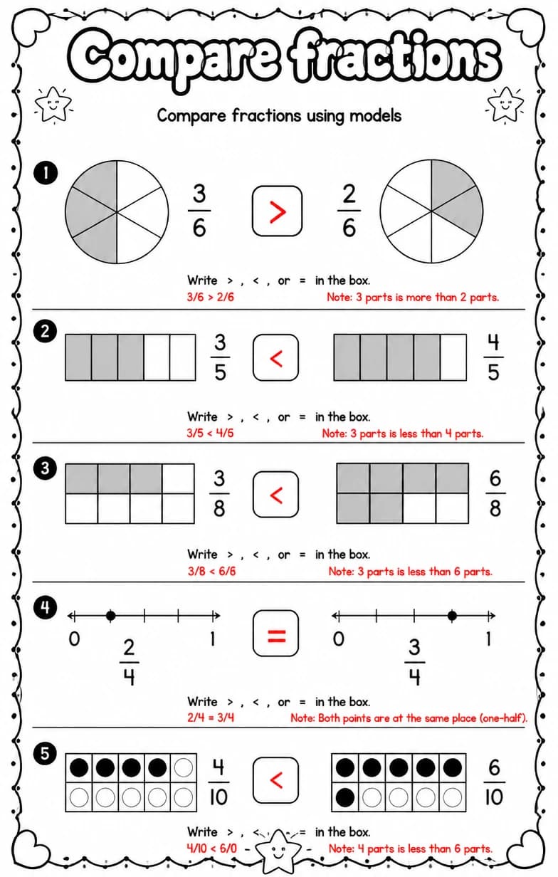 Answer key for Compare fractions using models — free printable Math worksheet