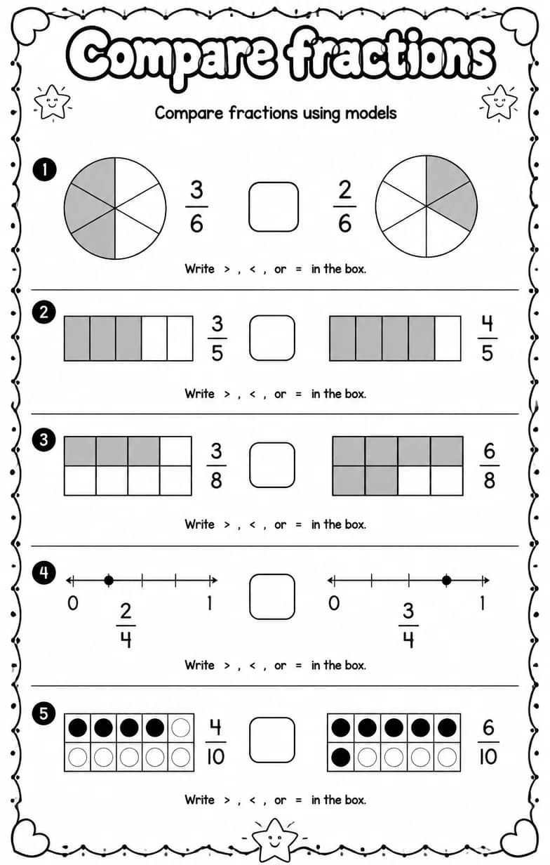 Compare fractions using models — free printable Grade 3 math worksheet