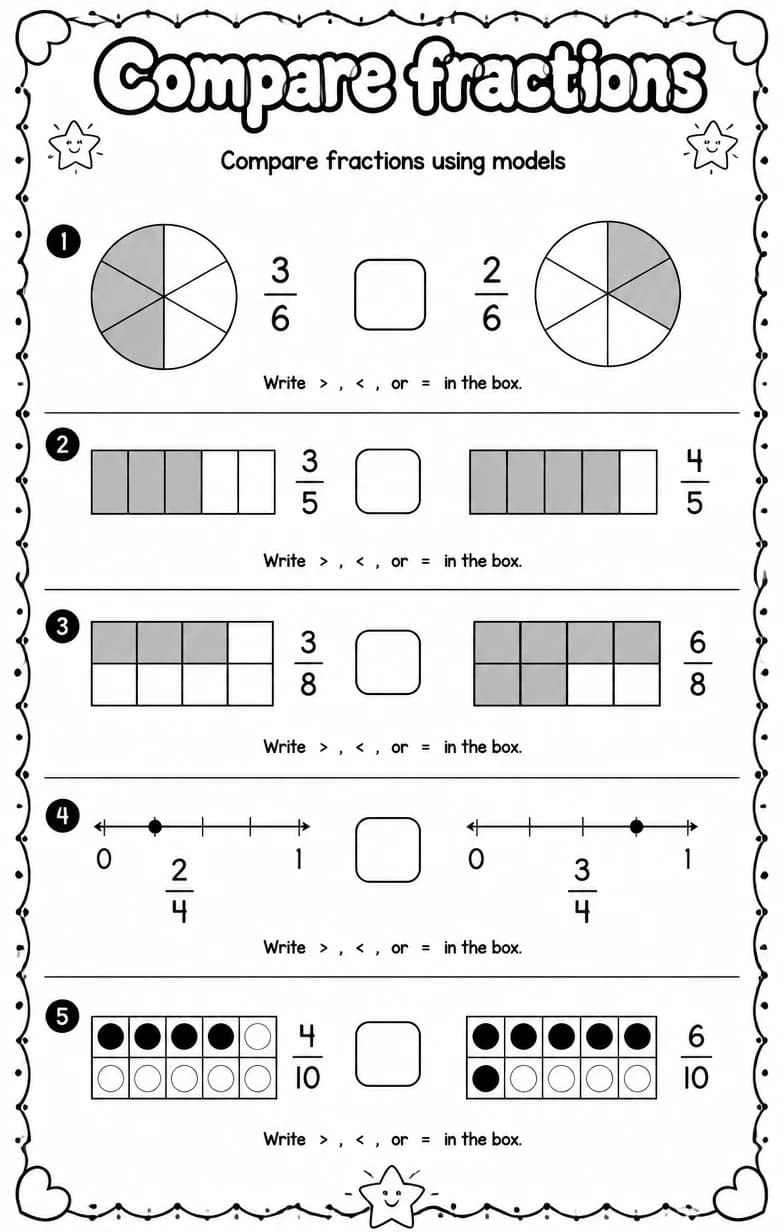 Compare fractions using models — free printable Grade 3 math worksheet