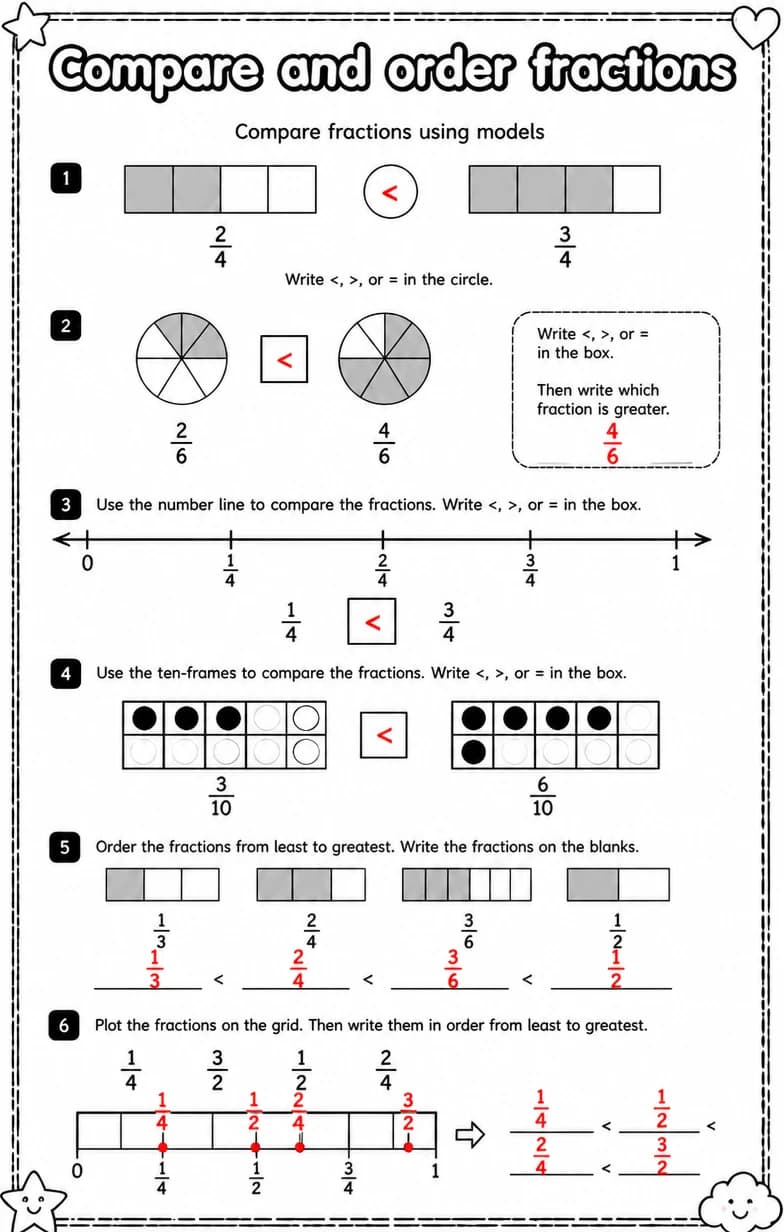 Answer key for Compare fractions using models — free printable Math worksheet