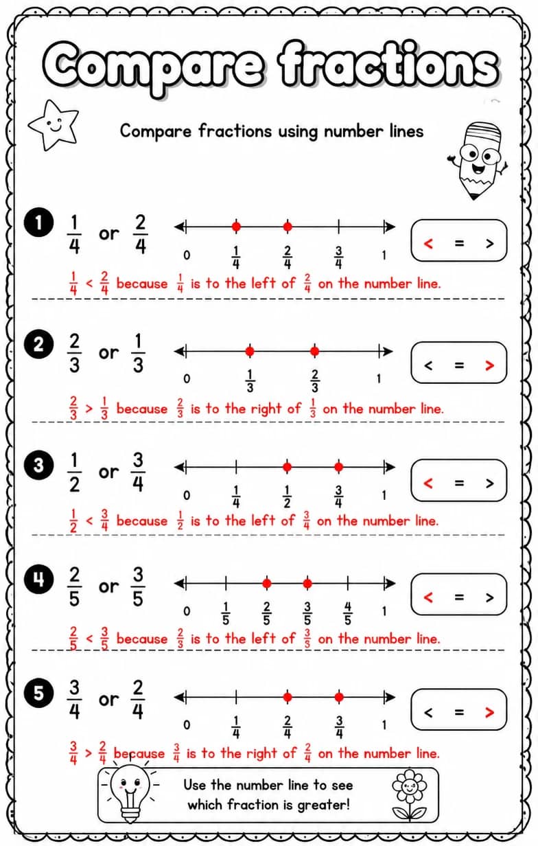 Answer key for Compare fractions using number lines — free printable Math worksheet