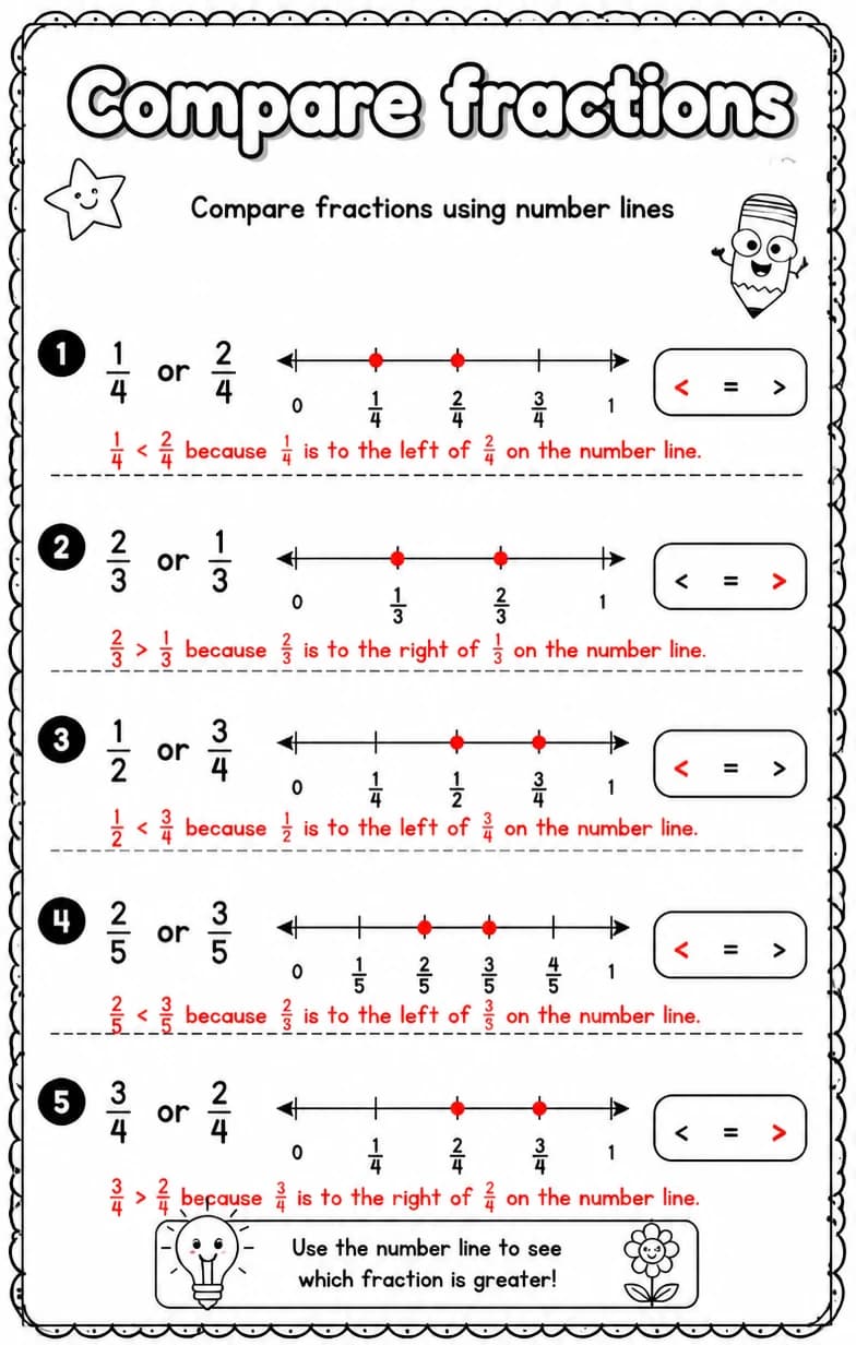 Answer key for Compare fractions using number lines — free printable Math worksheet