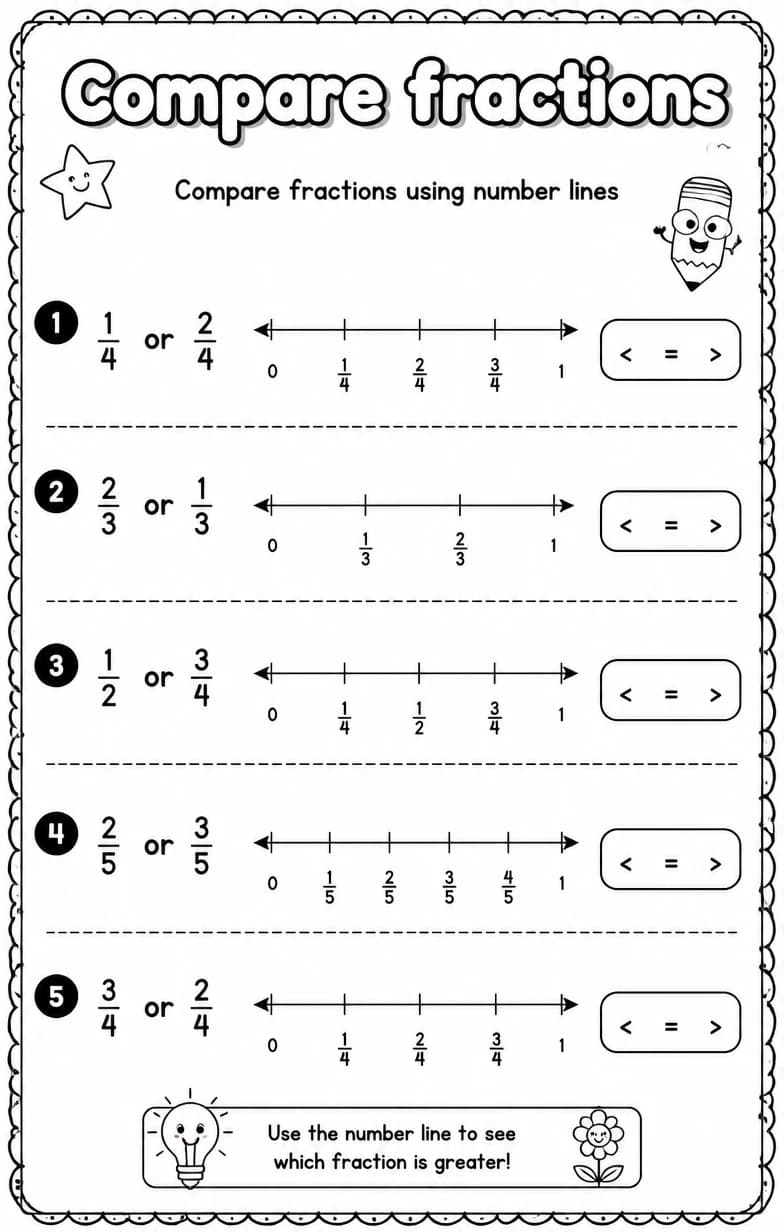 Compare fractions using number lines — free printable Grade 3 math worksheet