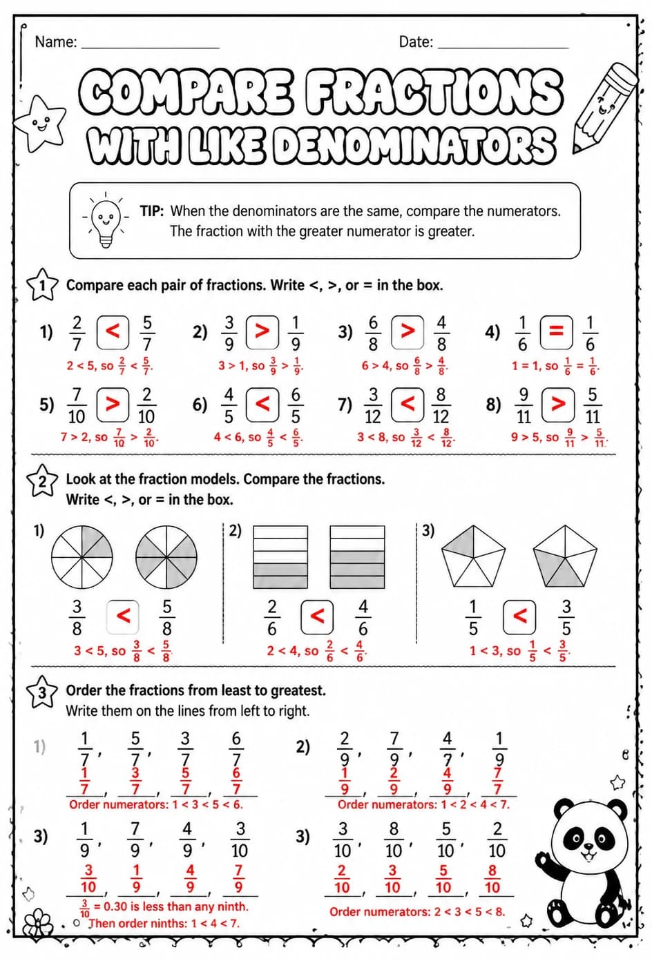 Answer key for Compare fractions with like denominators — free printable Math worksheet