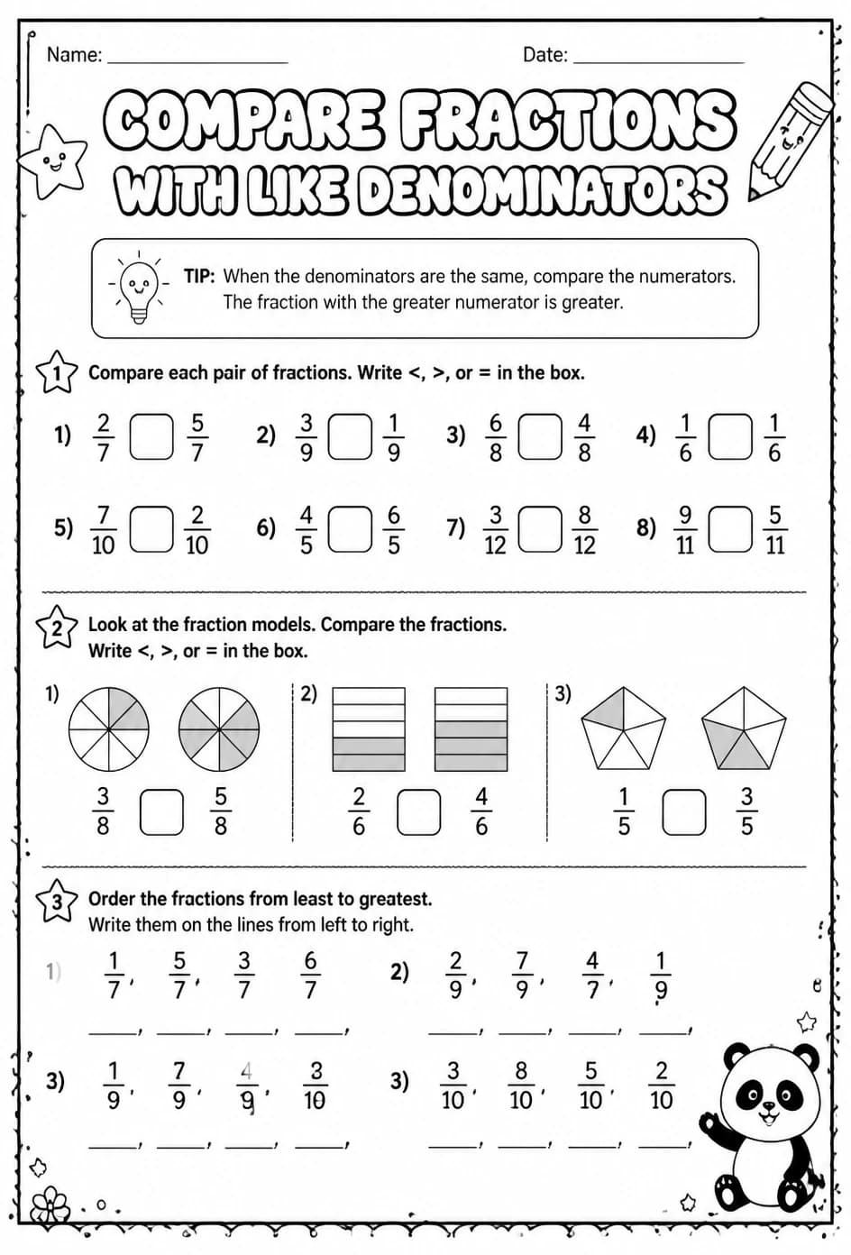 Compare fractions with like denominators — free printable Grade 3 math worksheet