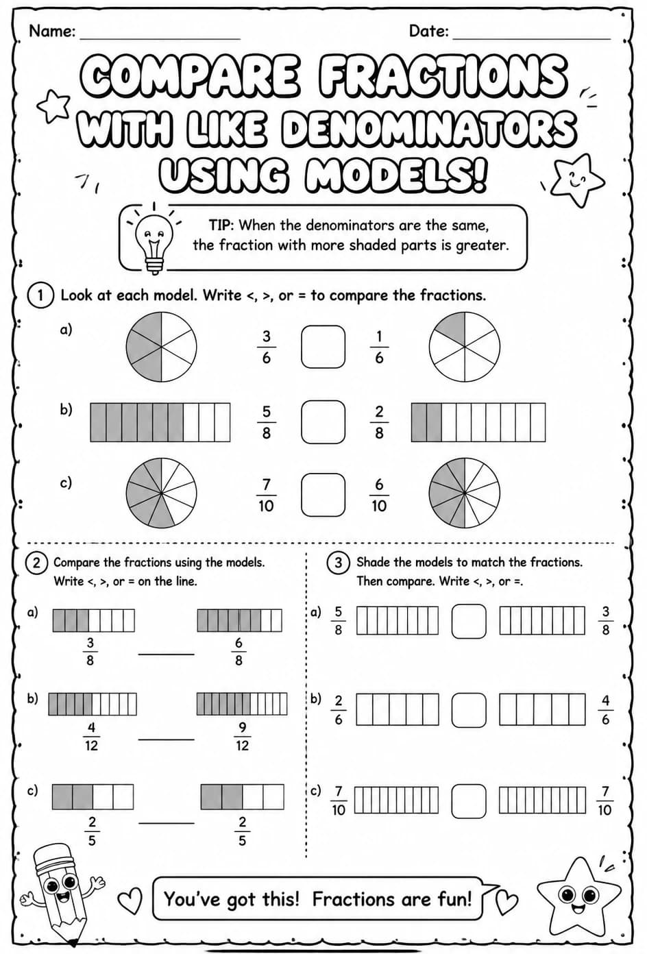Compare fractions with like denominators using models — free printable Grade 3 math worksheet