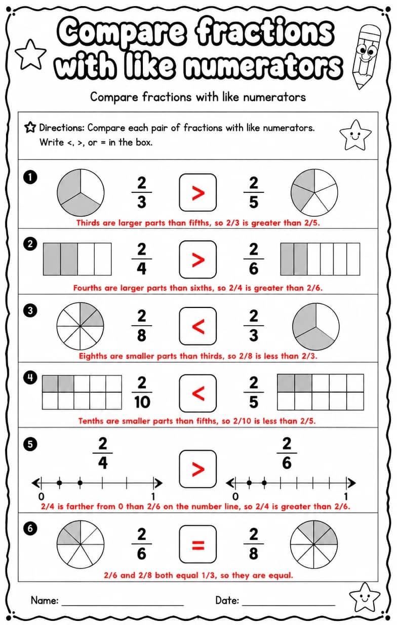 Answer key for Compare fractions with like numerators — free printable Math worksheet
