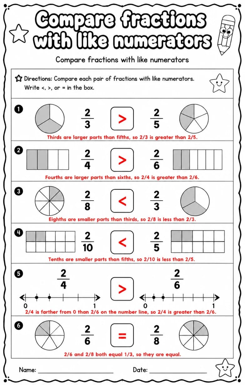 Answer key for Compare fractions with like numerators — free printable Math worksheet