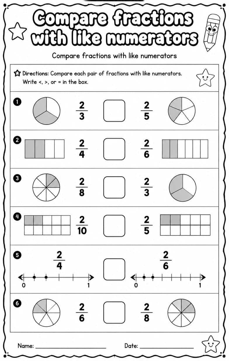 Compare fractions with like numerators — free printable Grade 3 Math worksheet