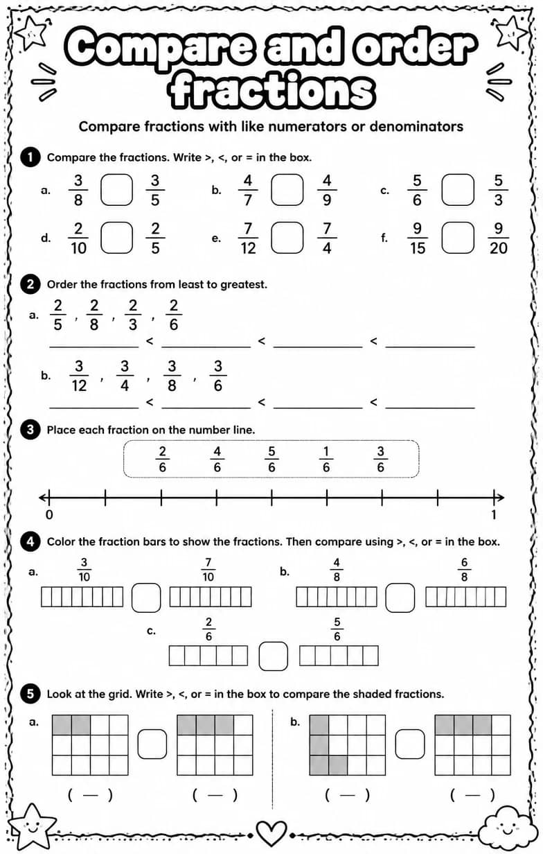 Compare fractions with like numerators or denominators — free printable Grade 4 math worksheet