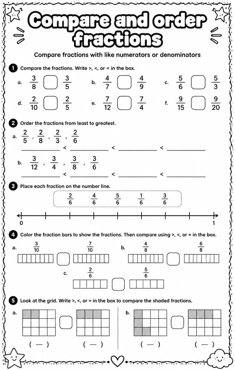 Compare fractions with like numerators or denominators — free printable Grade 4 Math worksheet