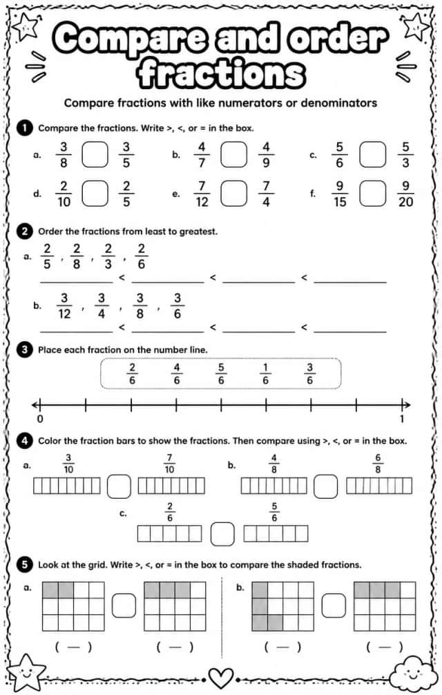 Compare fractions with like numerators or denominators