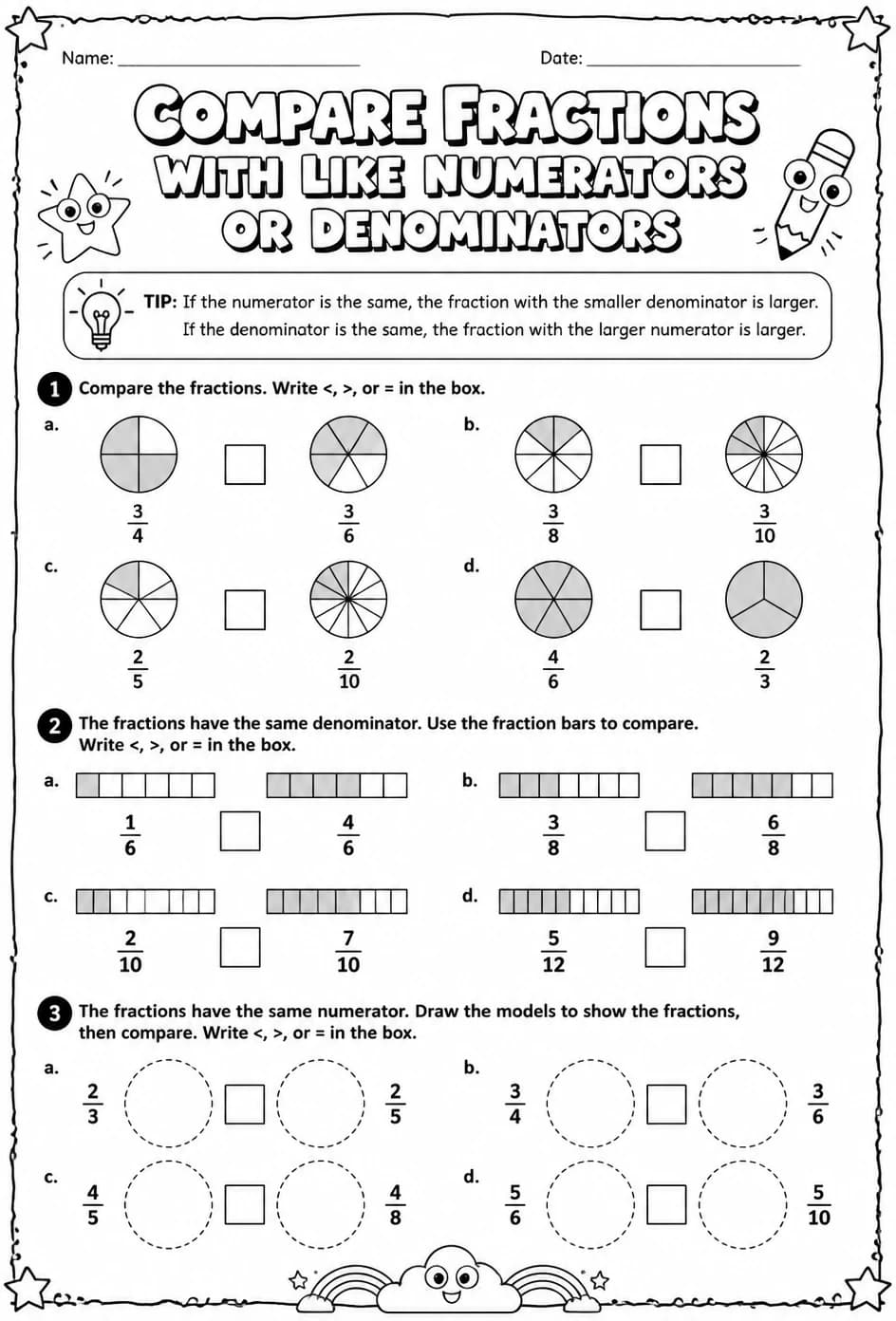 Compare fractions with like numerators or denominators using models — free printable Grade 4 math worksheet