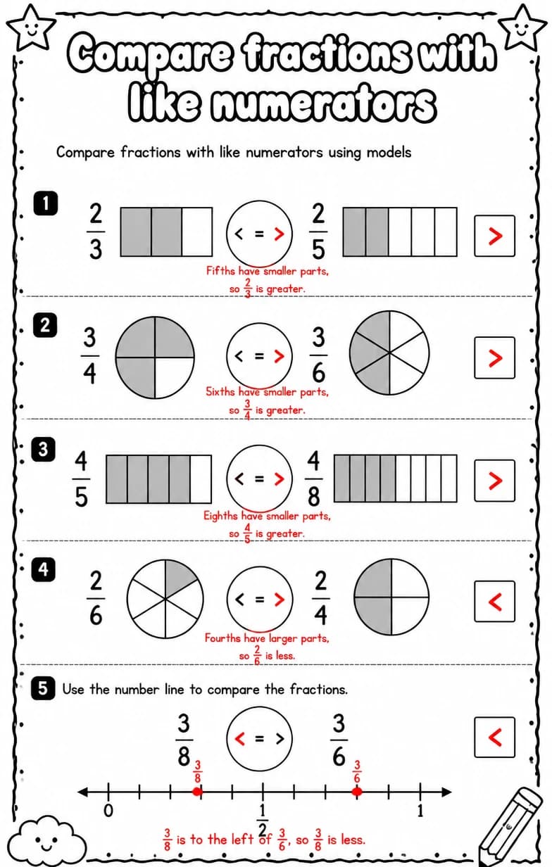 Answer key for Compare fractions with like numerators using models — free printable Math worksheet