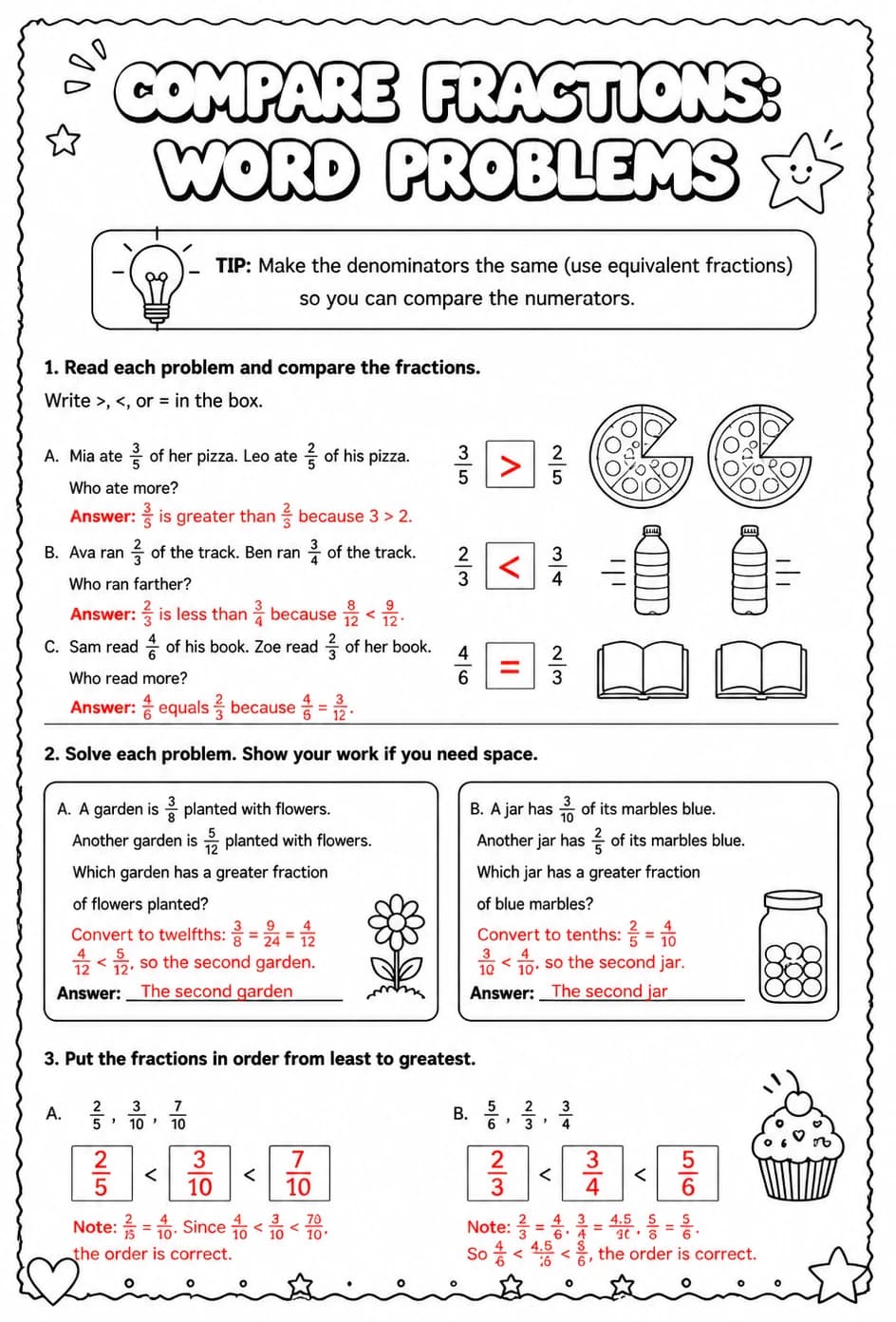 Answer key for Compare fractions: word problems — free printable Math worksheet