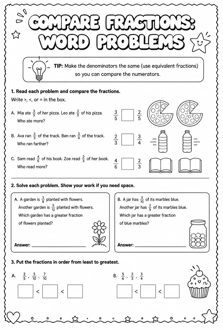 Compare fractions: word problems — free printable Grade 7 math worksheet