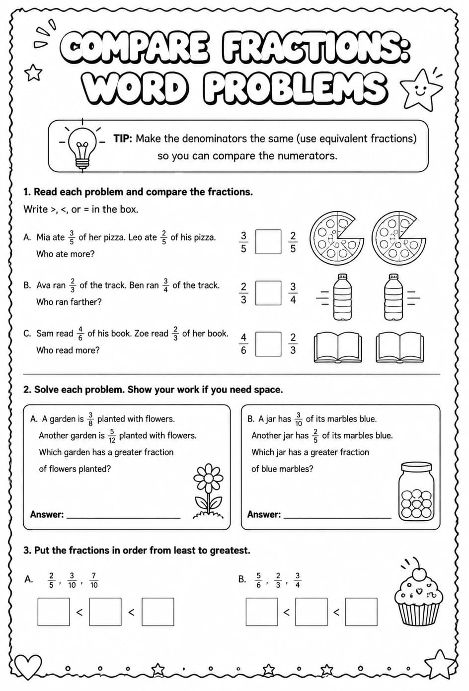Compare fractions: word problems — free printable Grade 7 math worksheet