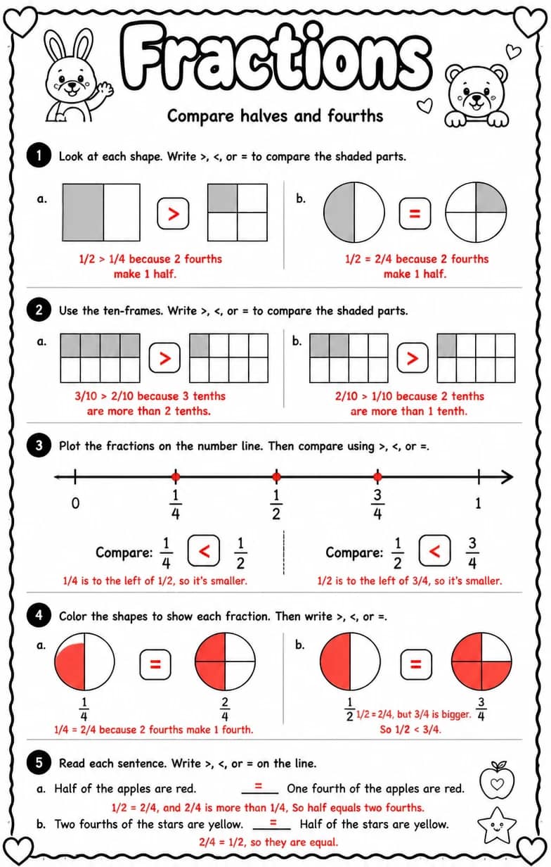 Answer key for Compare halves and fourths — free printable Math worksheet