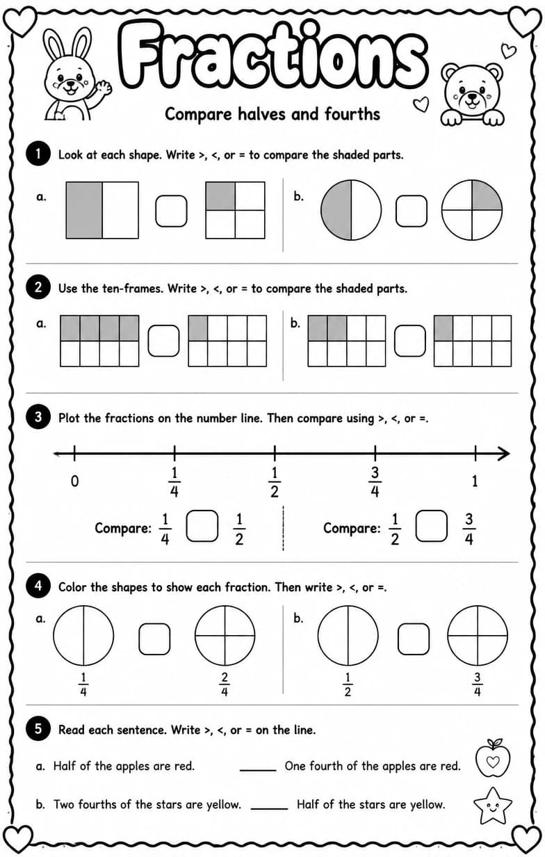 Compare halves and fourths — free printable Grade 1 Math worksheet