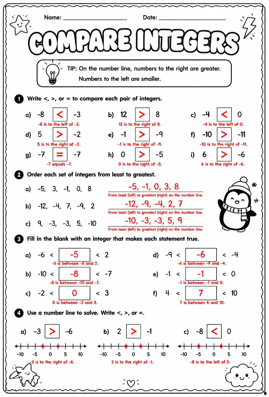 Answer key for Compare integers — free printable Math worksheet
