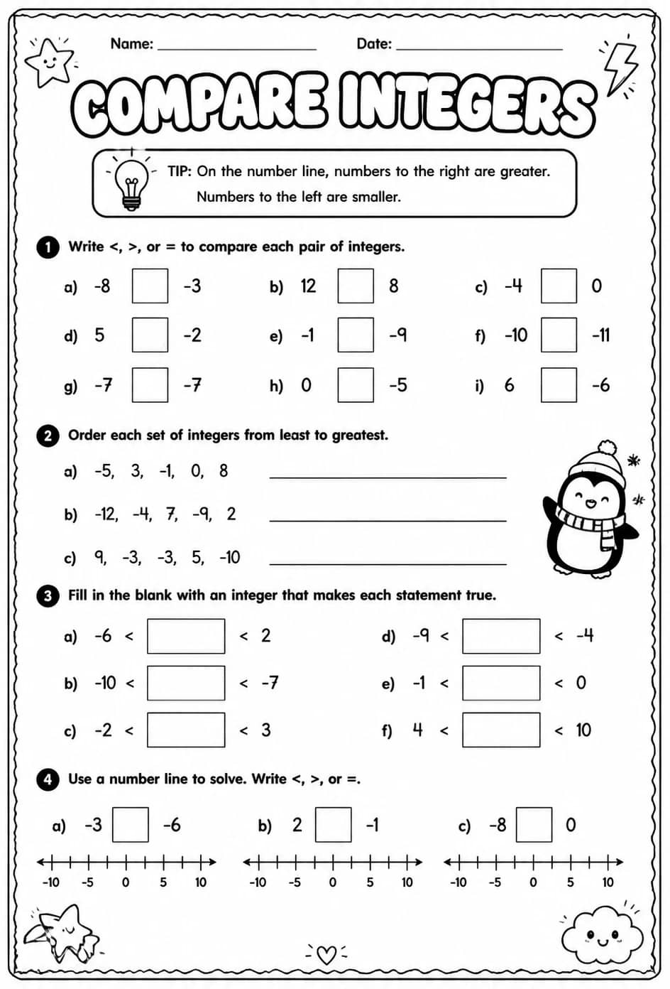 Compare integers — free printable Grade 6 math worksheet