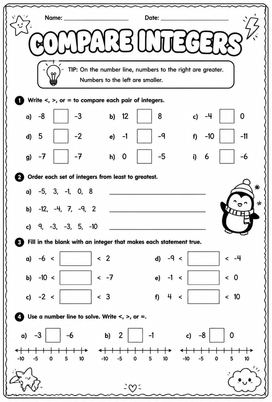 Compare integers — free printable Grade 6 math worksheet