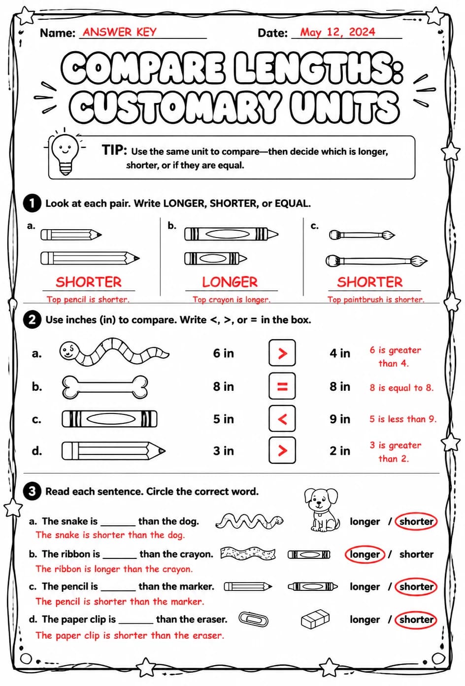 Answer key for Compare lengths: customary units — free printable Math worksheet