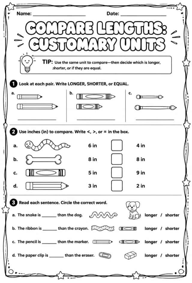 Compare lengths: customary units
