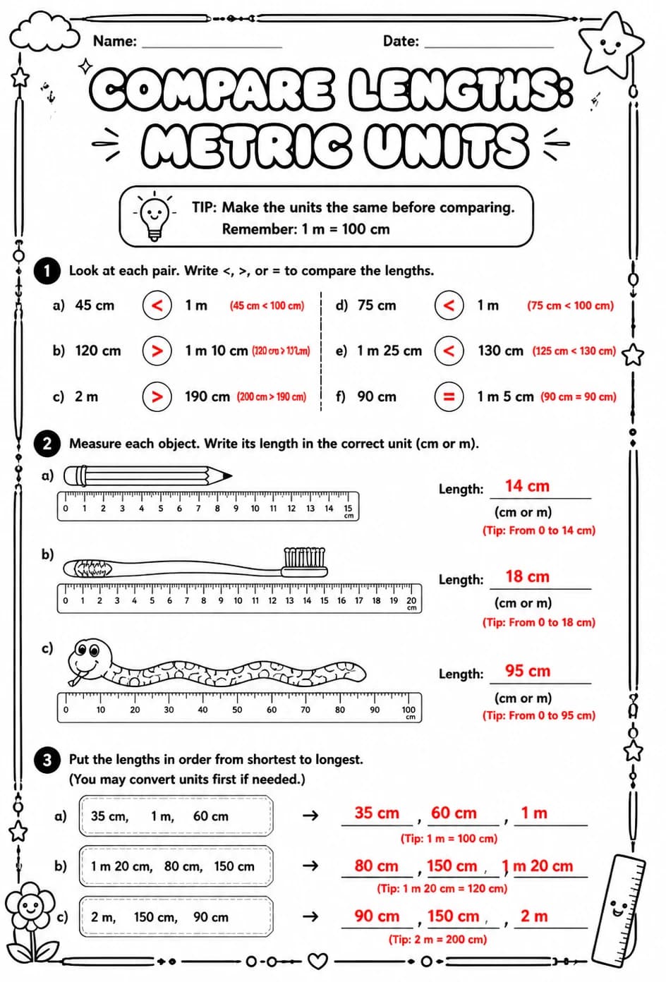Answer key for Compare lengths: metric units — free printable Math worksheet