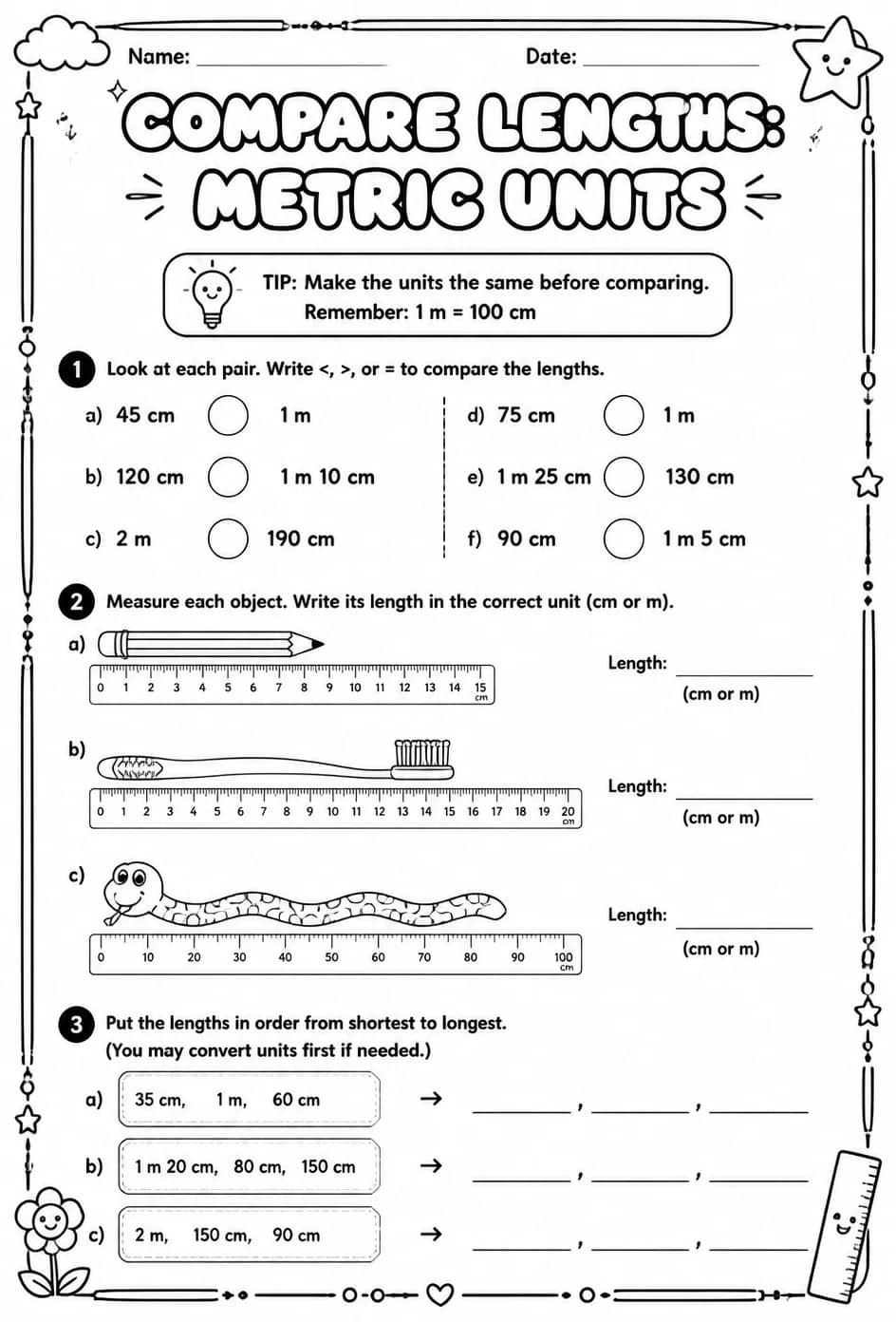 Compare lengths: metric units — free printable Grade 2 math worksheet