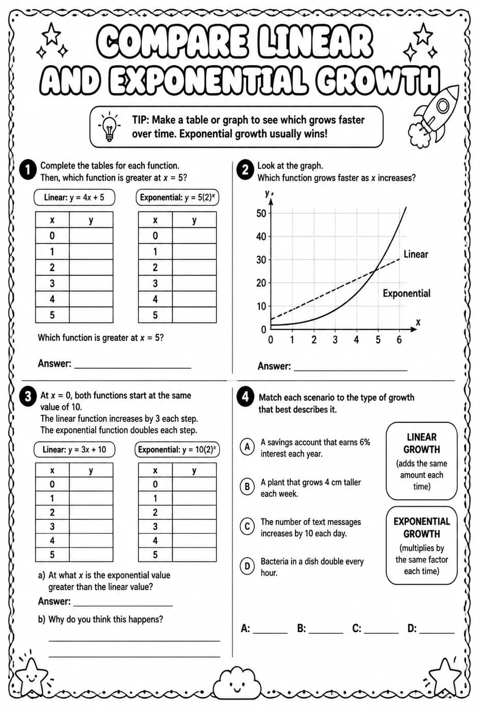Compare linear and exponential growth — free printable Algebra 1 math worksheet