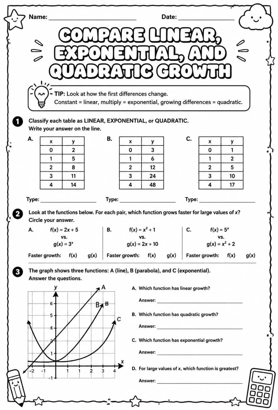Compare linear, exponential, and quadratic growth — free printable Algebra 1 math worksheet