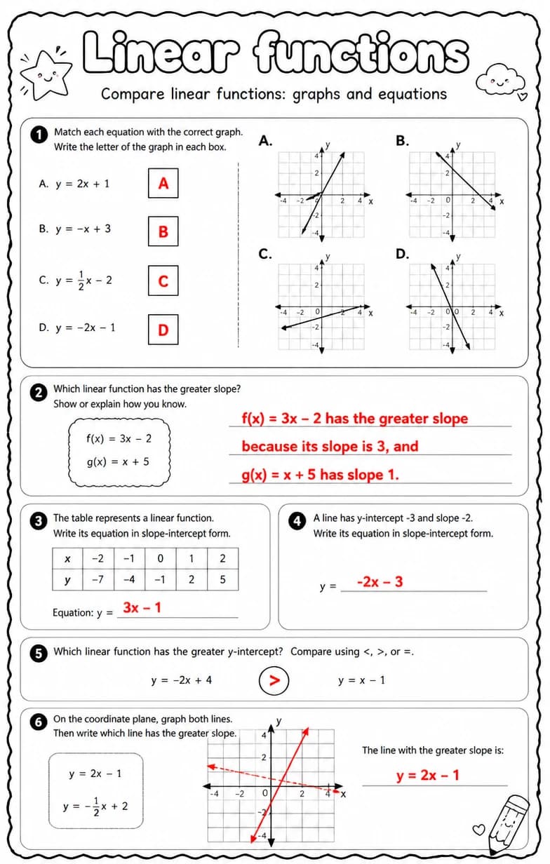 Answer key for Compare linear functions: graphs and equations — free printable Math worksheet