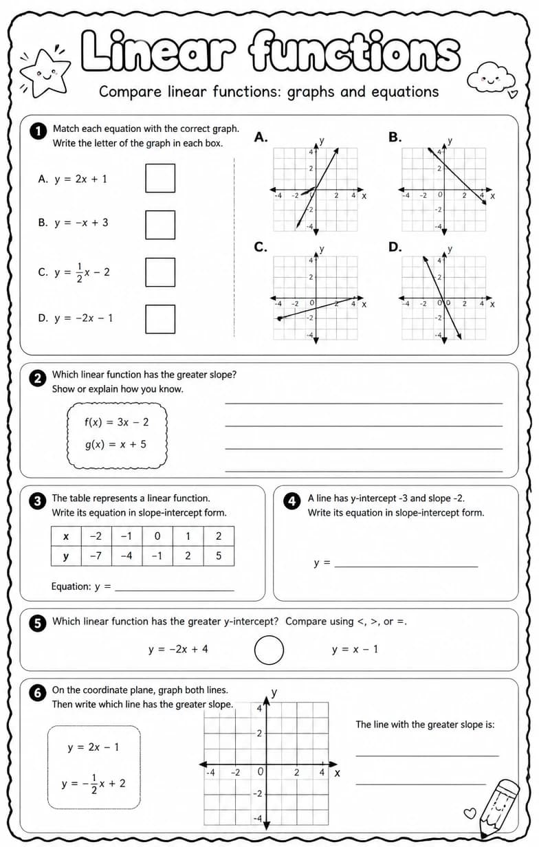 Compare linear functions: graphs and equations — free printable Algebra 1 math worksheet