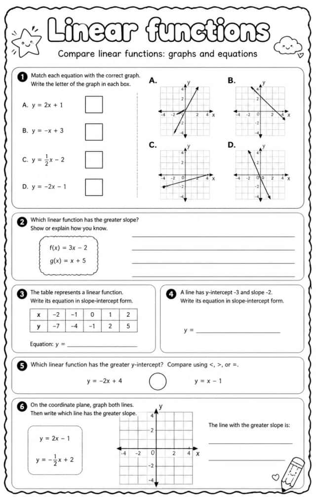 Compare linear functions: graphs and equations