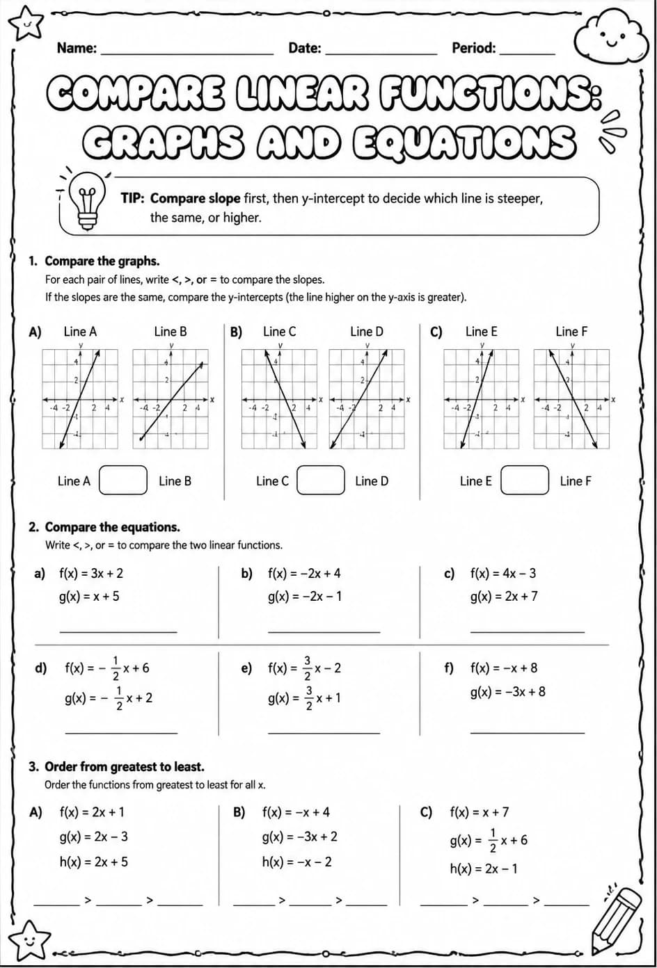 Compare linear functions: graphs and equations — free printable Grade 8 math worksheet