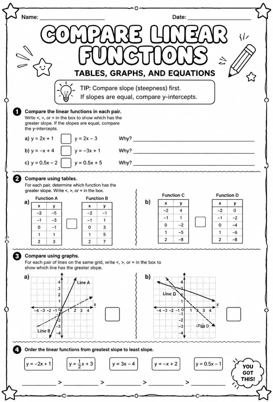 Compare linear functions: tables, graphs, and equations — free printable Grade 8 math worksheet