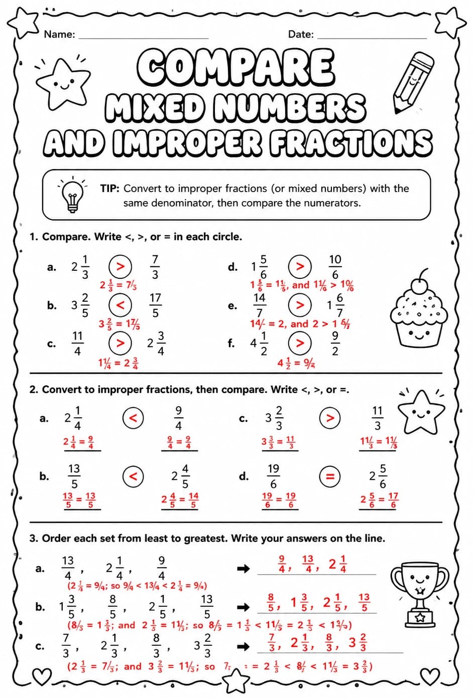 Answer key for Compare mixed numbers and improper fractions — free printable Math worksheet