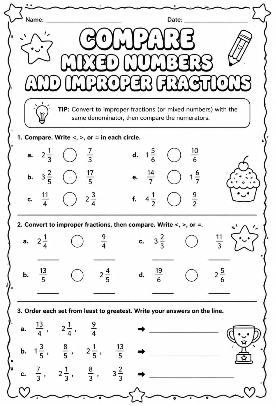 Compare mixed numbers and improper fractions — free printable Grade 7 math worksheet