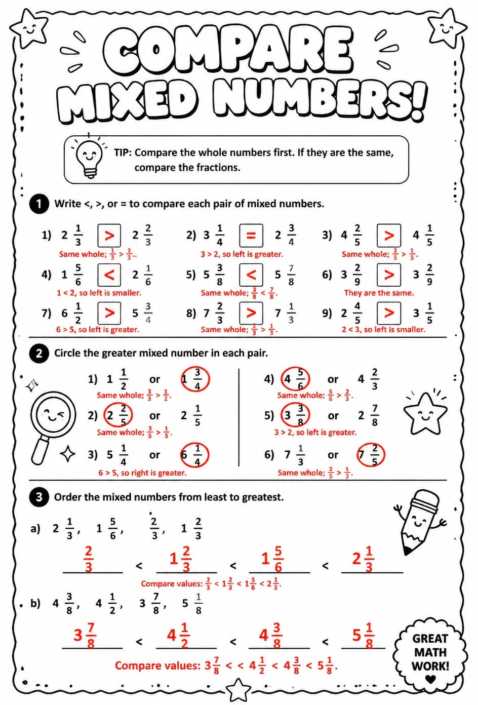 Answer key for Compare mixed numbers — free printable Math worksheet
