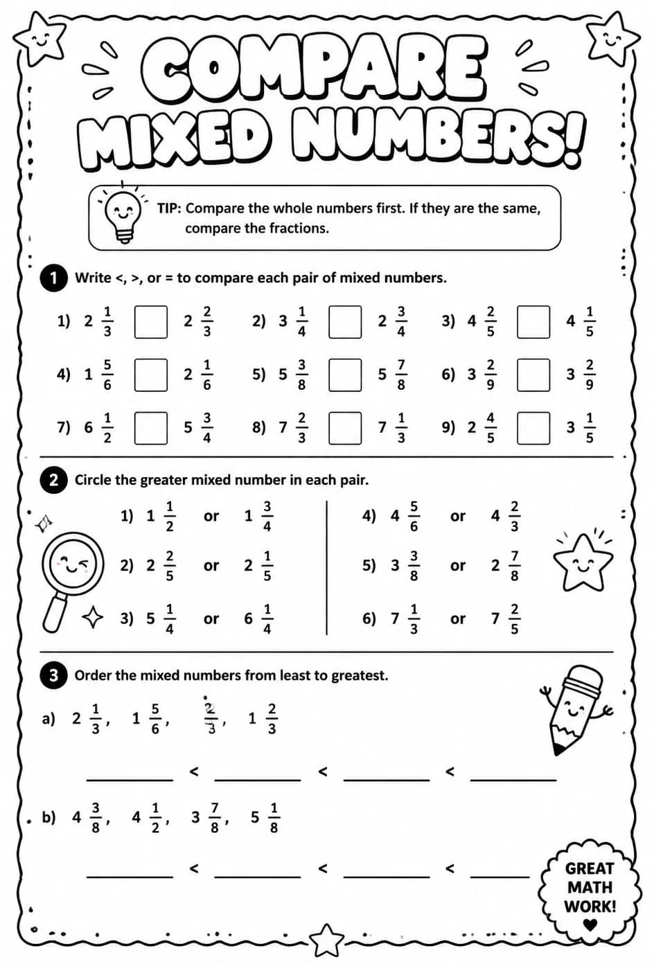 Compare mixed numbers — free printable Grade 4 math worksheet