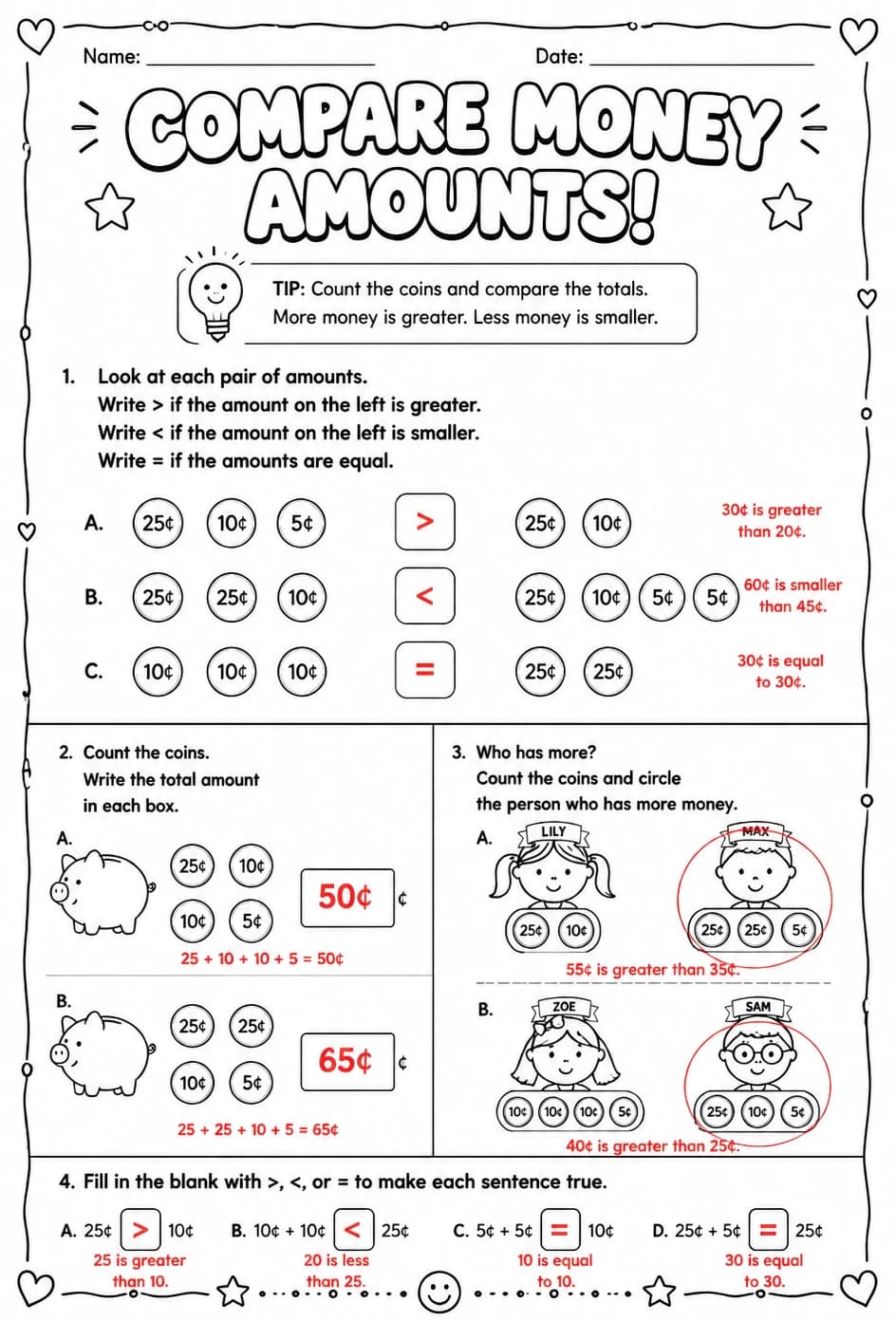 Answer key for Compare money amounts — free printable Math worksheet