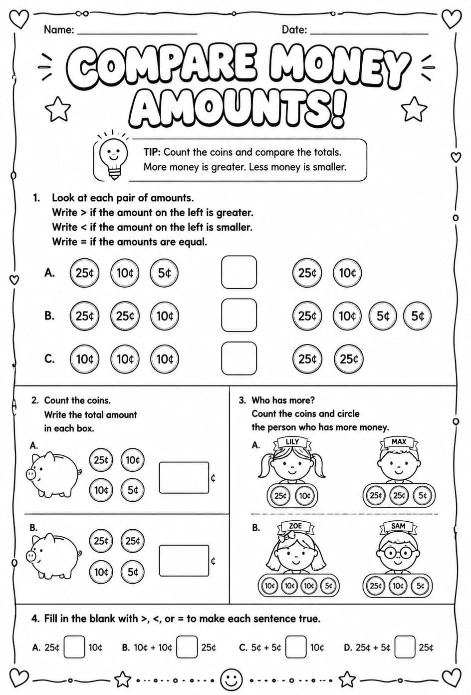 Compare money amounts — free printable Grade 1 math worksheet