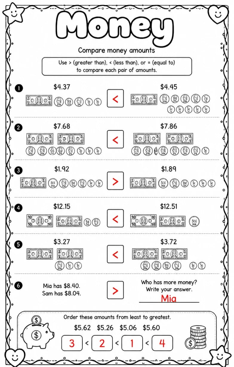 Answer key for Compare money amounts — free printable Math worksheet
