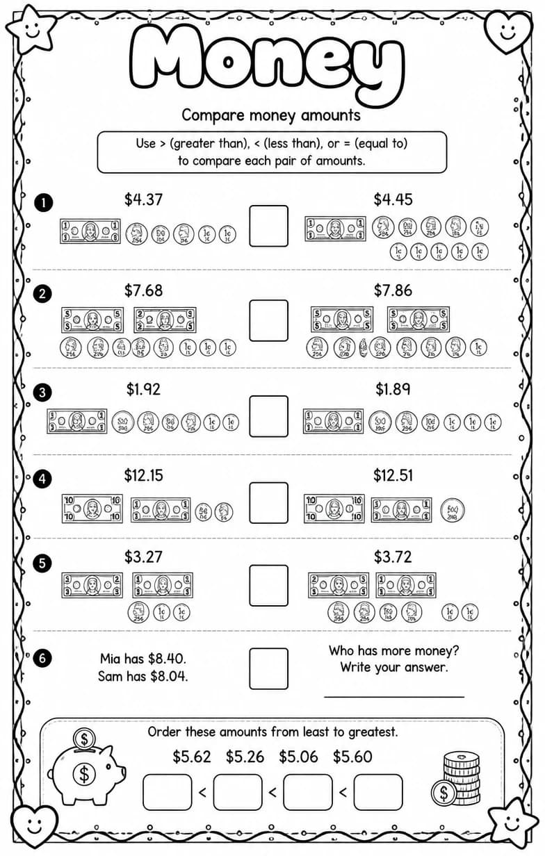 Compare money amounts — free printable Grade 4 math worksheet