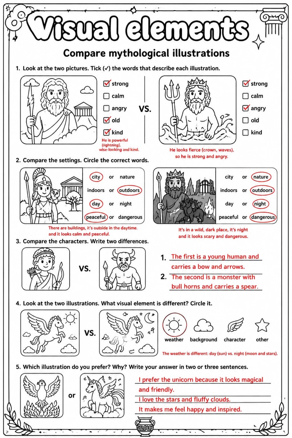 Answer key for Compare mythological illustrations — free printable English & Reading worksheet